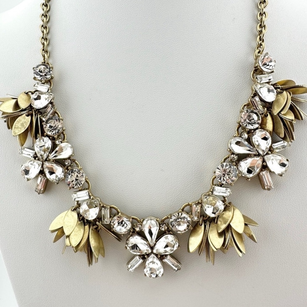 NWT J. Crew Necklace with Gold Tone Leaf and Crystal Rhinestone Statement